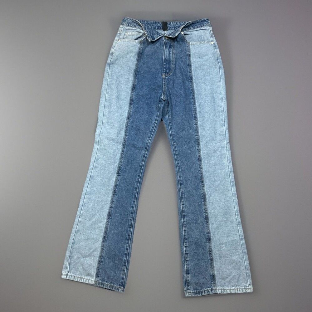 NWT Cider Jeans Large Womens Fold Denim Two Tone Medium Light Wash Straight Leg